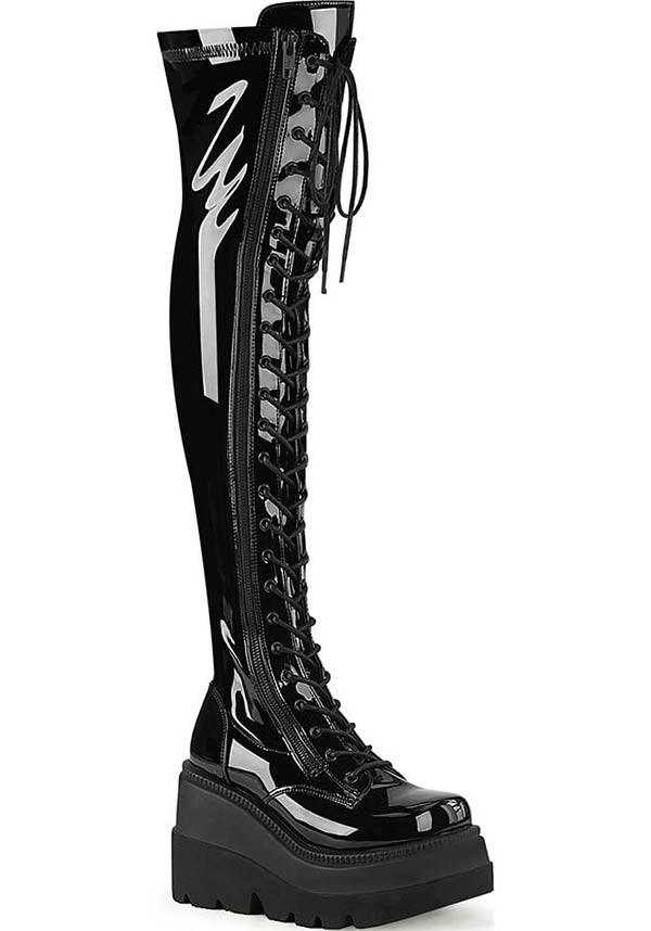 SHAKER-374 [Black Patent] | PLATFORM BOOTS [PREORDER] - Beserk - all, black, boot, boots, boots [preorder], clickfrenzy15-2023, demonia, demonia shoes, discountapp, fp, goth, gothic, knee high boots, labelpreorder, labelvegan, ladies, long boots, patent, platform, platform boots, platforms, platforms [preorder], ppo, preorder, shoes, thigh high boots, vegan