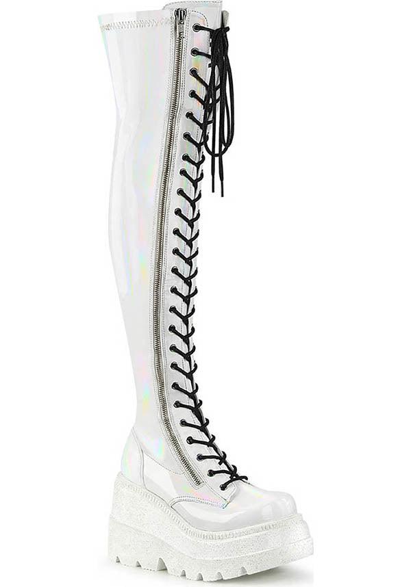 SHAKER-374 [White Hologram] | PLATFORM BOOTS [PREORDER] - Beserk - all, all ladies, boot, boots, boots [preorder], clickfrenzy15-2023, discountapp, fp, knee high boots, labelpreorder, labelvegan, lace up, ladies, long boots, platform, platform boots, platforms, platforms [preorder], ppo, preorder, shoes, thigh high boots, vegan, white