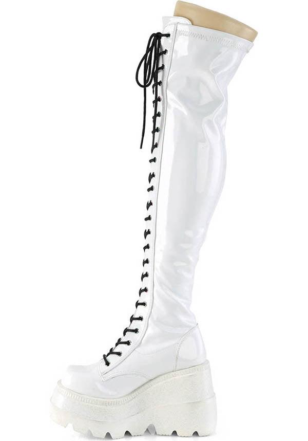 SHAKER-374 [White Hologram] | PLATFORM BOOTS [PREORDER] - Beserk - all, all ladies, boot, boots, boots [preorder], clickfrenzy15-2023, discountapp, fp, knee high boots, labelpreorder, labelvegan, lace up, ladies, long boots, platform, platform boots, platforms, platforms [preorder], ppo, preorder, shoes, thigh high boots, vegan, white