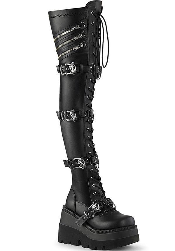 SHAKER-420 [Black Stretch Vegan Leather] | PLATFORM BOOTS [PREORDER] - Beserk - all, black, boots, boots [preorder], clickfrenzy15-2023, demonia, demonia shoes, discountapp, fp, googleshopping, goth, gothic, labelpreorder, labelvegan, long boots, platform boots, platforms, platforms [preorder], ppo, preorder, shoes, skulls, thigh high boots, vegan
