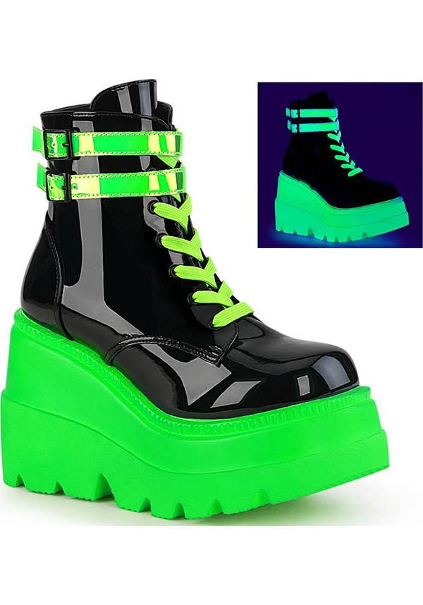 SHAKER-52 [Black/UV Green] | PLATFORM BOOTS [PREORDER] - Beserk - 420sale, all, all ladies, black, boots, boots [preorder], clickfrenzy15-2023, cyber, demonia, demonia shoes, discountapp, fp, goth, gothic, green, halloween, jan20, labelpreorder, labeluvreactive, labelvegan, ladies, neon, patent, platforms, platforms [preorder], pleaserhidden, ppo, preorder, shiny, shoes, techwear, uv, uv reactive, uvreactive, uvreactive1, vegan