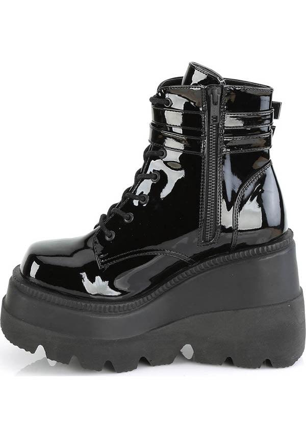 SHAKER-52 [Black Patent] | PLATFORM BOOTS [IN STOCK] - Beserk - all, ankle boots, black, boot, boots, boots [in stock], clickfrenzy15-2023, demonia, demonia shoes, discountapp, dm18082022, fp, gloss, glossy, goth, gothic, halloween, in stock, instock, labelinstock, labelvegan, may21, patent, platform, platforms, platforms [in stock], pleaserrestock, punk, shiny, shoe, shoes, vegan