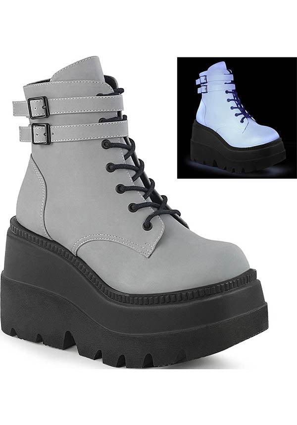 SHAKER-52 [Grey Reflective] | PLATFORM BOOTS [PREORDER] - Beserk - all, ankle boots, black, boot, boots, boots [preorder], clickfrenzy15-2023, demonia, demonia shoes, discountapp, fp, gothic, grey, labelpreorder, labelvegan, platform, platforms, platforms [preorder], pleaserimageupdated, ppo, preorder, punk, reflect, reflective, shoe, shoes, vegan