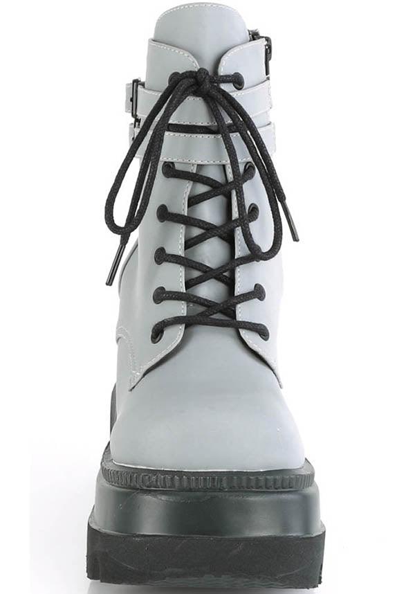 SHAKER-52 [Grey Reflective] | PLATFORM BOOTS [PREORDER] - Beserk - all, ankle boots, black, boot, boots, boots [preorder], clickfrenzy15-2023, demonia, demonia shoes, discountapp, fp, gothic, grey, labelpreorder, labelvegan, platform, platforms, platforms [preorder], pleaserimageupdated, ppo, preorder, punk, reflect, reflective, shoe, shoes, vegan