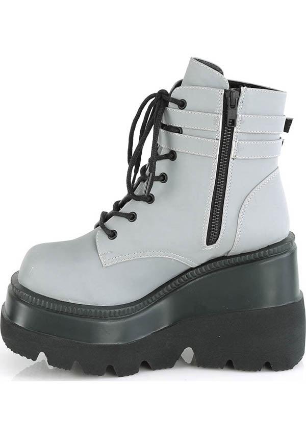 SHAKER-52 [Grey Reflective] | PLATFORM BOOTS [PREORDER] - Beserk - all, ankle boots, black, boot, boots, boots [preorder], clickfrenzy15-2023, demonia, demonia shoes, discountapp, fp, gothic, grey, labelpreorder, labelvegan, platform, platforms, platforms [preorder], pleaserimageupdated, ppo, preorder, punk, reflect, reflective, shoe, shoes, vegan