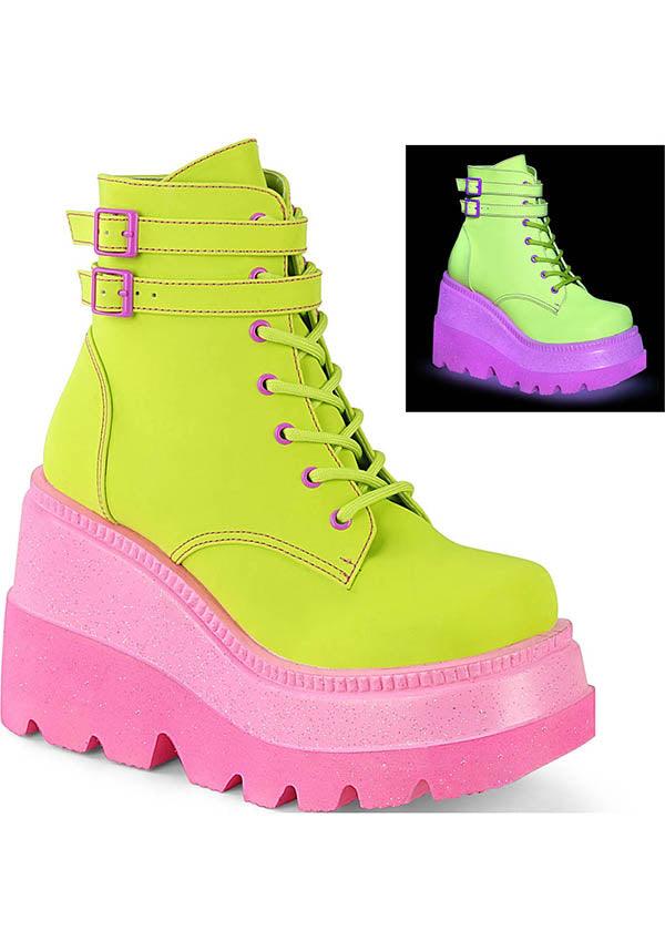 SHAKER-52 [Lime/Pink UV] | PLATFORM BOOTS [PREORDER] - Beserk - 420sale, all, ankle boots, boot, boots, boots [preorder], bright green, clickfrenzy15-2023, colour:green, demonia, demonia shoes, discountapp, fp, green, harajuku, kawaii, labelpreorder, labeluvreactive, labelvegan, lime green, multicolour, pastel goth, pink, platform, platforms, platforms [preorder], pleaserimageupdated, ppo, preorder, pricematched, shoes, uv, uv reactive, uvreactive, uvreactive1, vegan, yellow