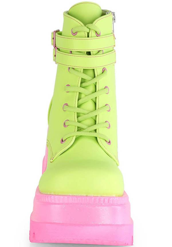SHAKER-52 [Lime/Pink UV] | PLATFORM BOOTS [PREORDER] - Beserk - 420sale, all, ankle boots, boot, boots, boots [preorder], bright green, clickfrenzy15-2023, colour:green, demonia, demonia shoes, discountapp, fp, green, harajuku, kawaii, labelpreorder, labeluvreactive, labelvegan, lime green, multicolour, pastel goth, pink, platform, platforms, platforms [preorder], pleaserimageupdated, ppo, preorder, pricematched, shoes, uv, uv reactive, uvreactive, uvreactive1, vegan, yellow