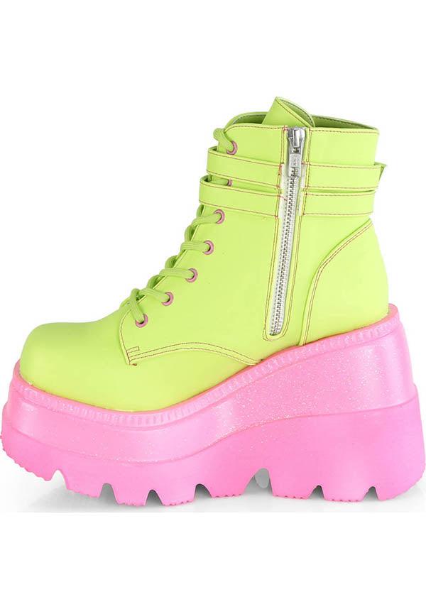 SHAKER-52 [Lime/Pink UV] | PLATFORM BOOTS [PREORDER] - Beserk - 420sale, all, ankle boots, boot, boots, boots [preorder], bright green, clickfrenzy15-2023, colour:green, demonia, demonia shoes, discountapp, fp, green, harajuku, kawaii, labelpreorder, labeluvreactive, labelvegan, lime green, multicolour, pastel goth, pink, platform, platforms, platforms [preorder], pleaserimageupdated, ppo, preorder, pricematched, shoes, uv, uv reactive, uvreactive, uvreactive1, vegan, yellow