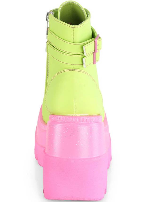 SHAKER-52 [Lime/Pink UV] | PLATFORM BOOTS [PREORDER] - Beserk - 420sale, all, ankle boots, boot, boots, boots [preorder], bright green, clickfrenzy15-2023, colour:green, demonia, demonia shoes, discountapp, fp, green, harajuku, kawaii, labelpreorder, labeluvreactive, labelvegan, lime green, multicolour, pastel goth, pink, platform, platforms, platforms [preorder], pleaserimageupdated, ppo, preorder, pricematched, shoes, uv, uv reactive, uvreactive, uvreactive1, vegan, yellow