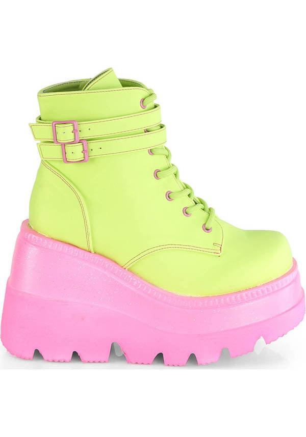 SHAKER-52 [Lime/Pink UV] | PLATFORM BOOTS [PREORDER] - Beserk - 420sale, all, ankle boots, boot, boots, boots [preorder], bright green, clickfrenzy15-2023, colour:green, demonia, demonia shoes, discountapp, fp, green, harajuku, kawaii, labelpreorder, labeluvreactive, labelvegan, lime green, multicolour, pastel goth, pink, platform, platforms, platforms [preorder], pleaserimageupdated, ppo, preorder, pricematched, shoes, uv, uv reactive, uvreactive, uvreactive1, vegan, yellow
