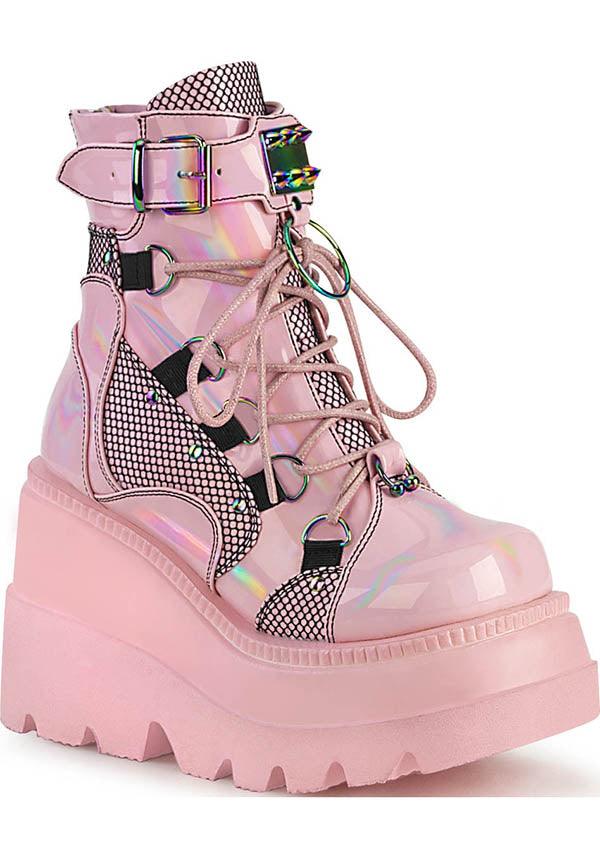 SHAKER-60 [Pink Holo] | BOOTS [IN STOCK] - Beserk - all, ankle boots, boot, boots, boots [in stock], clickfrenzy15-2023, demonia, demonia shoes, discountapp, dm18082022, egirleboy, fp, harajuku, holo, hologram, holographic, in stock, instock, kawaii, labelinstock, labelvegan, pastel goth, pending, pink, platform, platforms, platforms [in stock], pleaserimageupdated, pleaserrestock, shoes, vegan, winter
