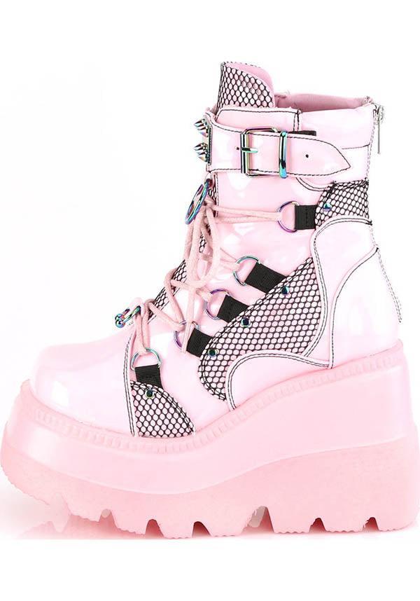SHAKER-60 [Pink Holo] | BOOTS [IN STOCK] - Beserk - all, ankle boots, boot, boots, boots [in stock], clickfrenzy15-2023, demonia, demonia shoes, discountapp, dm18082022, egirleboy, fp, harajuku, holo, hologram, holographic, in stock, instock, kawaii, labelinstock, labelvegan, pastel goth, pending, pink, platform, platforms, platforms [in stock], pleaserimageupdated, pleaserrestock, shoes, vegan, winter