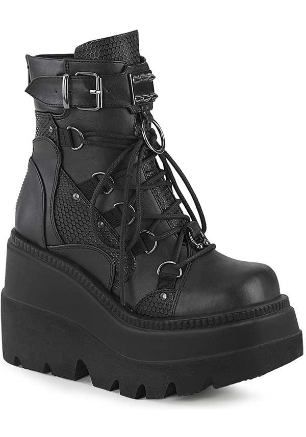 SHAKER-60 [Black] | PLATFORM BOOTS [IN STOCK] - Beserk - all, aug20, black, boot, boots, boots [in stock], buckles, clickfrenzy15-2023, demonia, demonia shoes, discountapp, dm18082022, faux leather, fp, goth, gothic, in stock, instock, labelinstock, labelvegan, leather, leather look, platform, platforms, platforms [in stock], pleaserimageupdated, pleaserrestock, pleather, shoe, shoes, techwear, vegan
