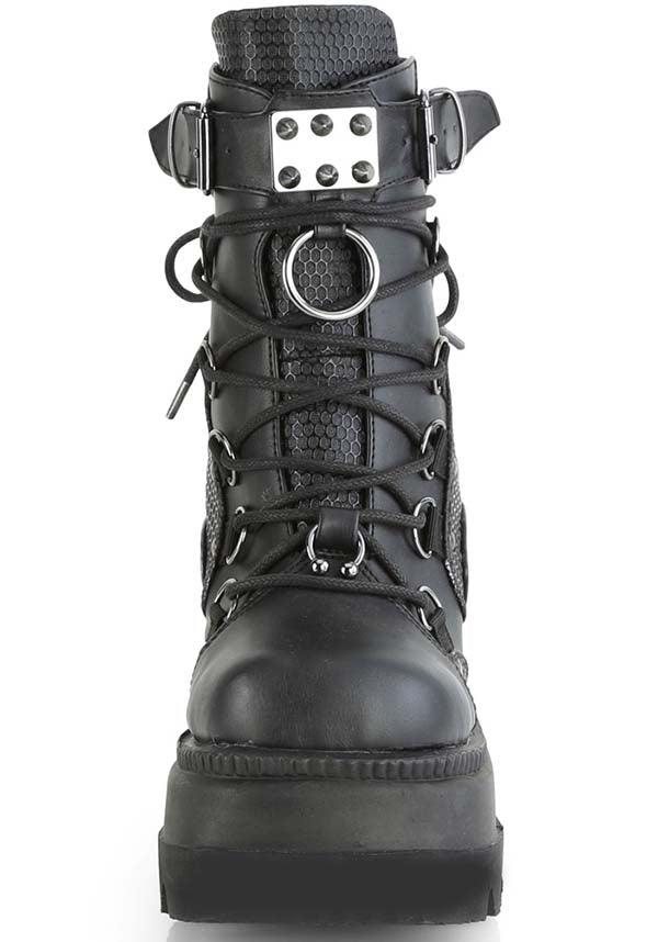 SHAKER-60 [Black] | PLATFORM BOOTS [IN STOCK] - Beserk - all, aug20, black, boot, boots, boots [in stock], buckles, clickfrenzy15-2023, demonia, demonia shoes, discountapp, dm18082022, faux leather, fp, goth, gothic, in stock, instock, labelinstock, labelvegan, leather, leather look, platform, platforms, platforms [in stock], pleaserimageupdated, pleaserrestock, pleather, shoe, shoes, techwear, vegan