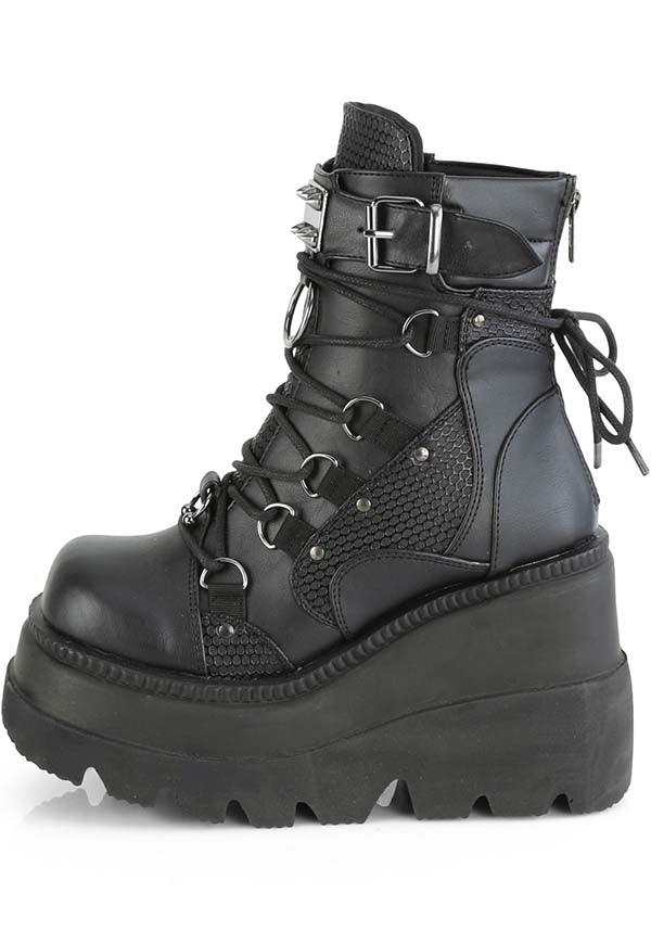 SHAKER-60 [Black] | PLATFORM BOOTS [IN STOCK] - Beserk - all, aug20, black, boot, boots, boots [in stock], buckles, clickfrenzy15-2023, demonia, demonia shoes, discountapp, dm18082022, faux leather, fp, goth, gothic, in stock, instock, labelinstock, labelvegan, leather, leather look, platform, platforms, platforms [in stock], pleaserimageupdated, pleaserrestock, pleather, shoe, shoes, techwear, vegan