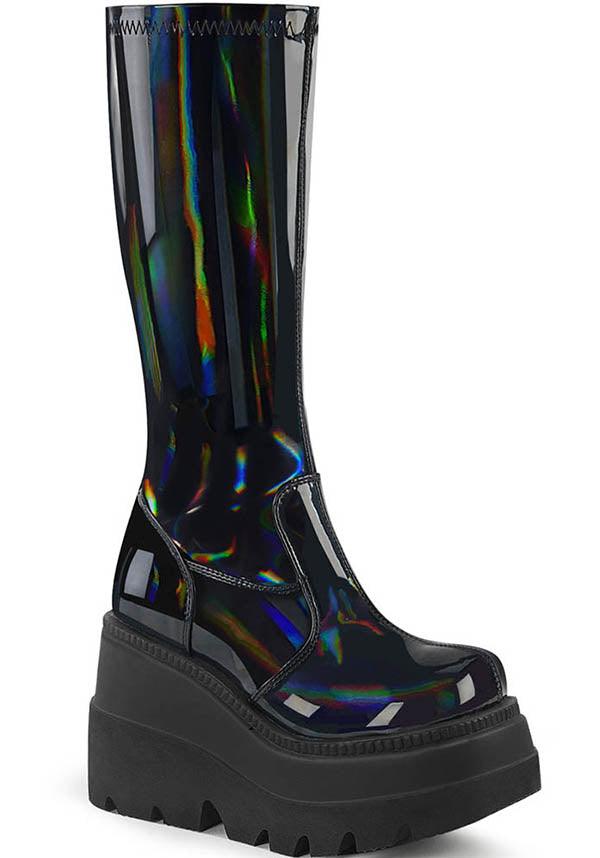 SHAKER-65 [Black Holo] | PLATFORM BOOTS [PREORDER] - Beserk - all, black, boot, boots, boots [preorder], clickfrenzy15-2023, demonia, demonia shoes, discountapp, fp, goth, gothic, harajuku, holo, hologram, holographic, knee high, labelpreorder, labelvegan, long boots, patent, platform, platforms, platforms [preorder], pleaserimageupdated, ppo, preorder, shoe, shoes, stretch, vegan