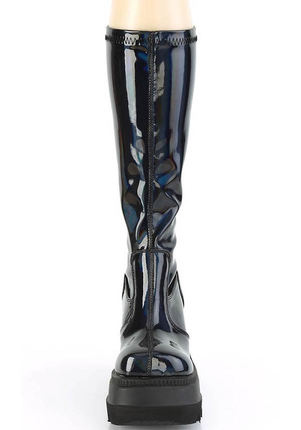 SHAKER-65 [Black Holo] | PLATFORM BOOTS [PREORDER] - Beserk - all, black, boot, boots, boots [preorder], clickfrenzy15-2023, demonia, demonia shoes, discountapp, fp, goth, gothic, harajuku, holo, hologram, holographic, knee high, labelpreorder, labelvegan, long boots, patent, platform, platforms, platforms [preorder], pleaserimageupdated, ppo, preorder, shoe, shoes, stretch, vegan
