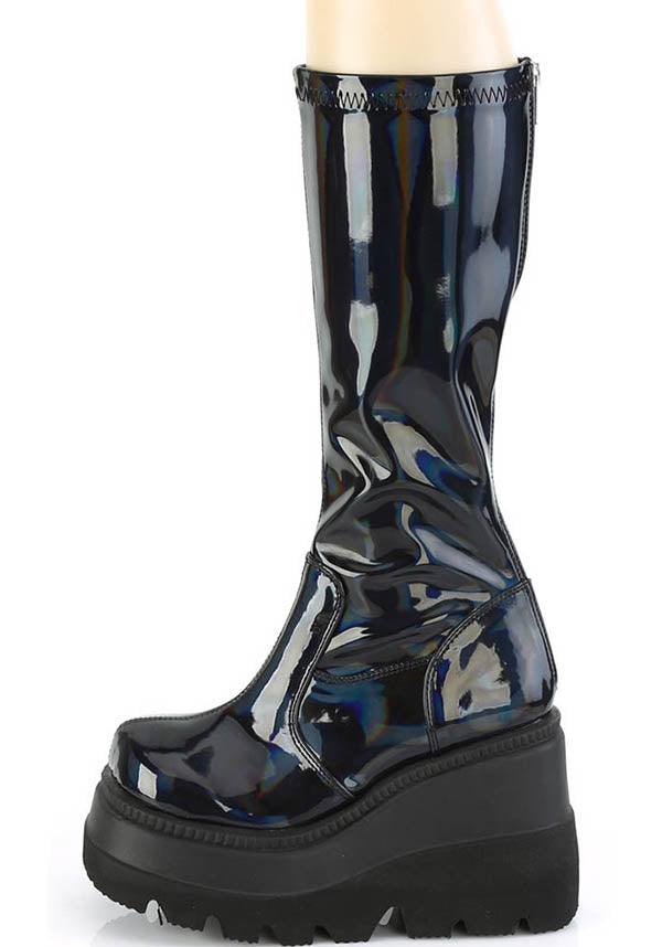 SHAKER-65 [Black Holo] | PLATFORM BOOTS [PREORDER] - Beserk - all, black, boot, boots, boots [preorder], clickfrenzy15-2023, demonia, demonia shoes, discountapp, fp, goth, gothic, harajuku, holo, hologram, holographic, knee high, labelpreorder, labelvegan, long boots, patent, platform, platforms, platforms [preorder], pleaserimageupdated, ppo, preorder, shoe, shoes, stretch, vegan
