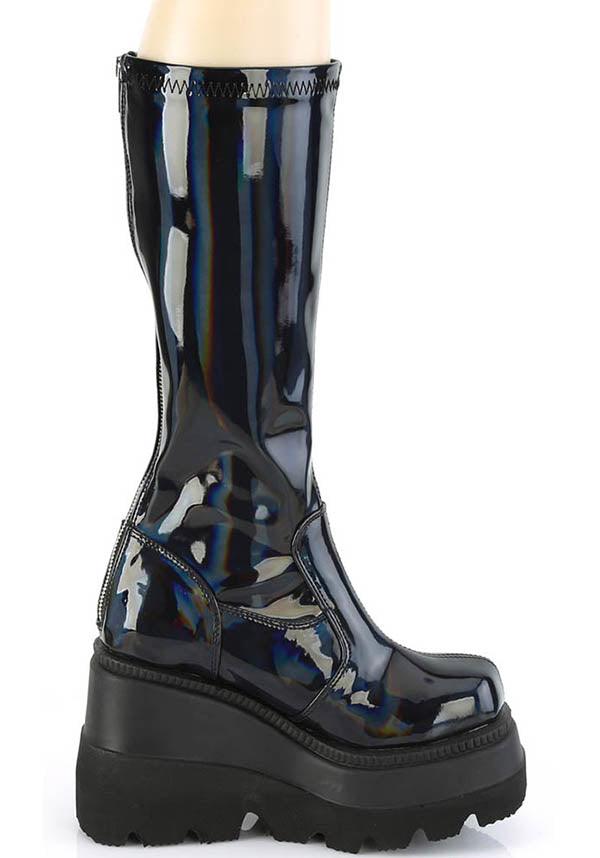 SHAKER-65 [Black Holo] | PLATFORM BOOTS [PREORDER] - Beserk - all, black, boot, boots, boots [preorder], clickfrenzy15-2023, demonia, demonia shoes, discountapp, fp, goth, gothic, harajuku, holo, hologram, holographic, knee high, labelpreorder, labelvegan, long boots, patent, platform, platforms, platforms [preorder], pleaserimageupdated, ppo, preorder, shoe, shoes, stretch, vegan