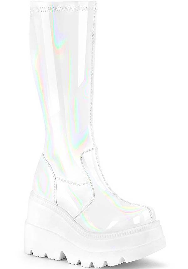 SHAKER-65 [White Holo] | PLATFORM BOOTS [PREORDER] - Beserk - all, boot, boots, boots [preorder], clickfrenzy15-2023, demonia, demonia shoes, discountapp, fp, holo, hologram, holographic, knee high, knee high boots, labelpreorder, labelvegan, long boots, platform, platforms, platforms [preorder], pleaserimageupdated, ppo, preorder, shoes, stretch, vegan, white
