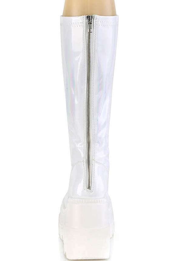 SHAKER-65 [White Holo] | PLATFORM BOOTS [PREORDER] - Beserk - all, boot, boots, boots [preorder], clickfrenzy15-2023, demonia, demonia shoes, discountapp, fp, holo, hologram, holographic, knee high, knee high boots, labelpreorder, labelvegan, long boots, platform, platforms, platforms [preorder], pleaserimageupdated, ppo, preorder, shoes, stretch, vegan, white