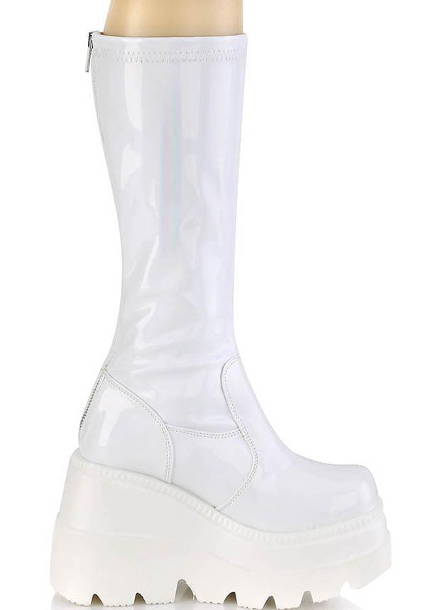 SHAKER-65 [White Holo] | PLATFORM BOOTS [PREORDER] - Beserk - all, boot, boots, boots [preorder], clickfrenzy15-2023, demonia, demonia shoes, discountapp, fp, holo, hologram, holographic, knee high, knee high boots, labelpreorder, labelvegan, long boots, platform, platforms, platforms [preorder], pleaserimageupdated, ppo, preorder, shoes, stretch, vegan, white