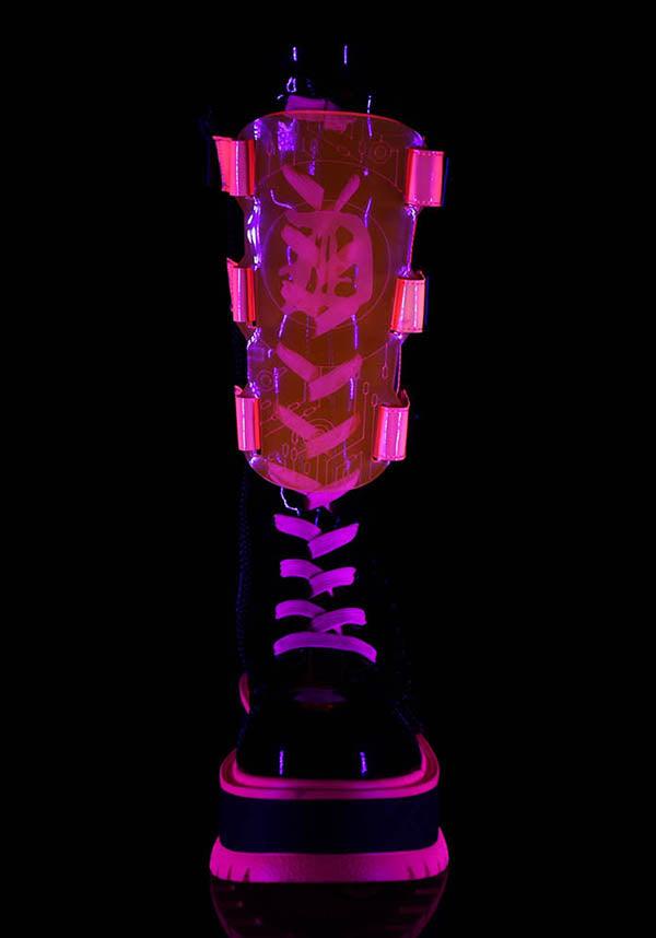 SLACKER-156 [Black Patent/UV Neon Pink] | PLATFORM BOOTS [PREORDER] - Beserk - all, all ladies, black, boot, boots, boots [preorder], chain, clickfrenzy15-2023, demonia, demonia shoes, discountapp, fp, goth, gothic, labelpreorder, labeluvreactive, labelvegan, ladies, long boots, mid calf boots, patent, pink, platform, platform boots, platforms, platforms [preorder], ppo, preorder, shiny, shoes, uv, uv reactive, uvreactive, vegan