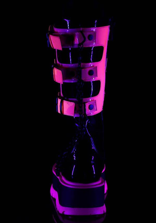 SLACKER-156 [Black Patent/UV Neon Pink] | PLATFORM BOOTS [PREORDER] - Beserk - all, all ladies, black, boot, boots, boots [preorder], chain, clickfrenzy15-2023, demonia, demonia shoes, discountapp, fp, goth, gothic, labelpreorder, labeluvreactive, labelvegan, ladies, long boots, mid calf boots, patent, pink, platform, platform boots, platforms, platforms [preorder], ppo, preorder, shiny, shoes, uv, uv reactive, uvreactive, vegan
