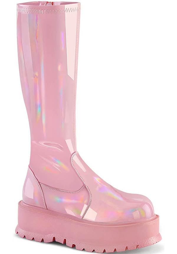 SLACKER-200 [B. Pink Holo Patent] | PLATFORM BOOTS [PREORDER] - Beserk - all, boots, boots [preorder], clickfrenzy15-2023, colour:pink, demonia, demonia shoes, discountapp, fp, holo, holographic, knee high boots, labelpreorder, labelvegan, long boots, pastel pink, pink, platform boots, platforms, platforms [preorder], ppo, preorder, shoes, vegan
