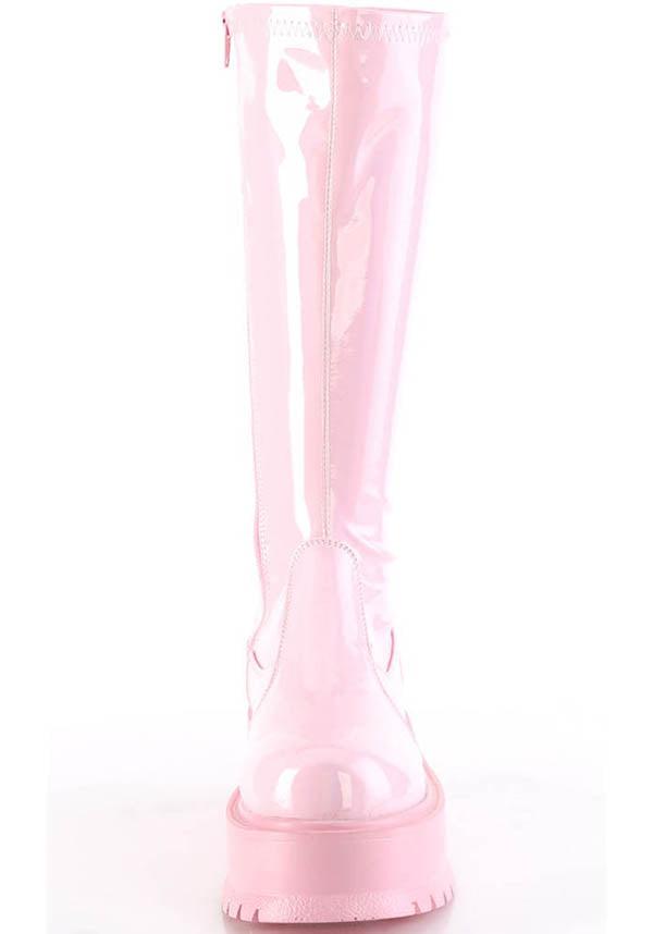 SLACKER-200 [B. Pink Holo Patent] | PLATFORM BOOTS [PREORDER] - Beserk - all, boots, boots [preorder], clickfrenzy15-2023, colour:pink, demonia, demonia shoes, discountapp, fp, holo, holographic, knee high boots, labelpreorder, labelvegan, long boots, pastel pink, pink, platform boots, platforms, platforms [preorder], ppo, preorder, shoes, vegan
