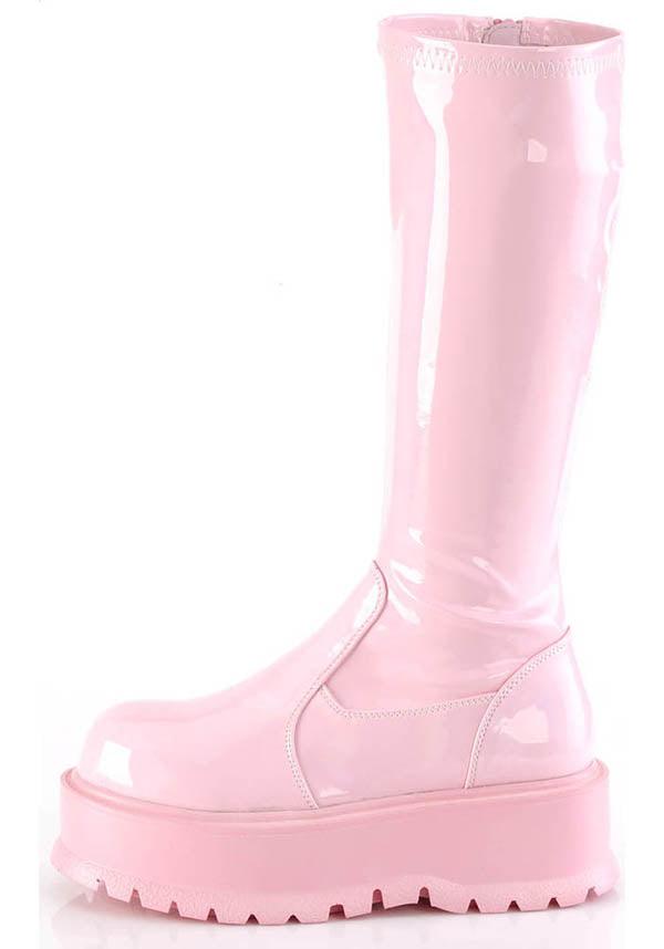 SLACKER-200 [B. Pink Holo Patent] | PLATFORM BOOTS [PREORDER] - Beserk - all, boots, boots [preorder], clickfrenzy15-2023, colour:pink, demonia, demonia shoes, discountapp, fp, holo, holographic, knee high boots, labelpreorder, labelvegan, long boots, pastel pink, pink, platform boots, platforms, platforms [preorder], ppo, preorder, shoes, vegan