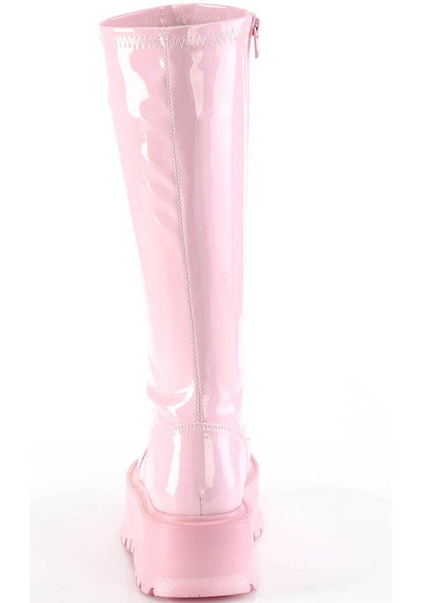 SLACKER-200 [B. Pink Holo Patent] | PLATFORM BOOTS [PREORDER] - Beserk - all, boots, boots [preorder], clickfrenzy15-2023, colour:pink, demonia, demonia shoes, discountapp, fp, holo, holographic, knee high boots, labelpreorder, labelvegan, long boots, pastel pink, pink, platform boots, platforms, platforms [preorder], ppo, preorder, shoes, vegan