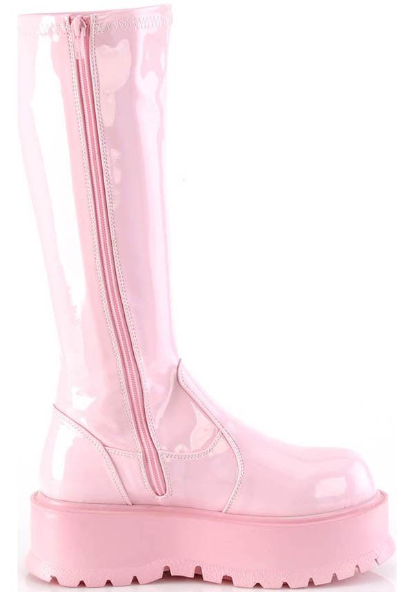 SLACKER-200 [B. Pink Holo Patent] | PLATFORM BOOTS [PREORDER] - Beserk - all, boots, boots [preorder], clickfrenzy15-2023, colour:pink, demonia, demonia shoes, discountapp, fp, holo, holographic, knee high boots, labelpreorder, labelvegan, long boots, pastel pink, pink, platform boots, platforms, platforms [preorder], ppo, preorder, shoes, vegan