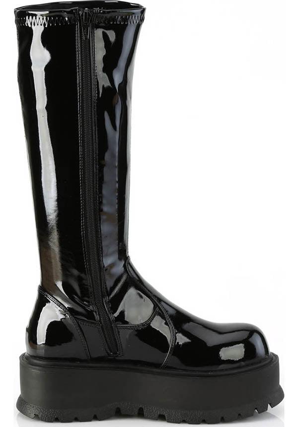 SLACKER-200 [Black Patent] | PLATFORM BOOTS [PREORDER] - Beserk - all, black, boots, boots [preorder], clickfrenzy15-2023, demonia, demonia shoes, discountapp, fp, knee high boots, labelpreorder, labelvegan, long boots, patent, platform boots, platforms, platforms [preorder], ppo, preorder, shoes, vegan
