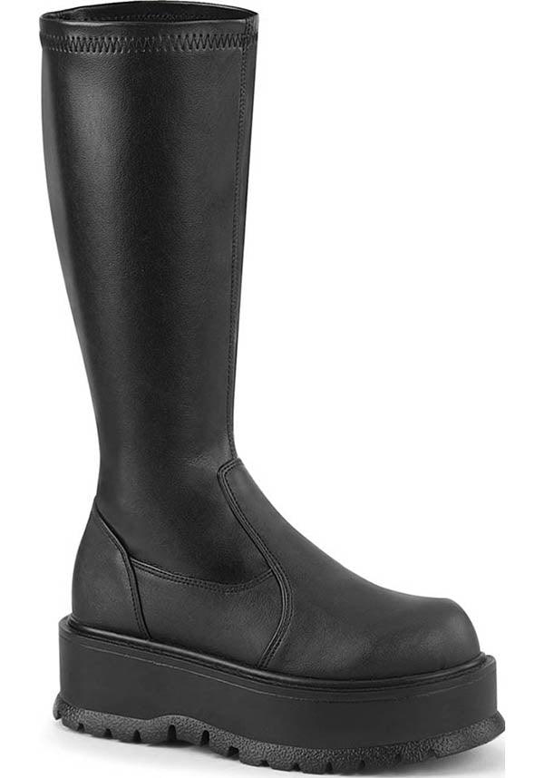 SLACKER-200 [Black] | PLATFORM BOOTS [PREORDER] - Beserk - all, black, boots, boots [preorder], clickfrenzy15-2023, demonia, demonia shoes, discountapp, fp, knee high, labelpreorder, labelvegan, ladies, platforms, platforms [preorder], pleaserimageupdated, ppo, preorder, sep19, shoes, techwear, vegan