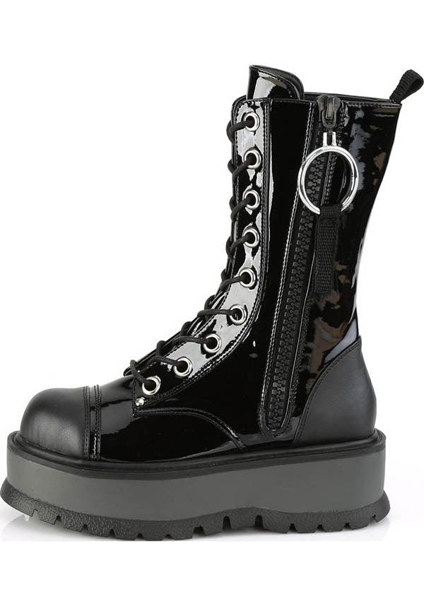 SLACKER-220 | Black Pat-Vegan Leather [PREORDER] - Beserk - all, black, boots, boots [preorder], clickfrenzy15-2023, demonia, demonia shoes, discountapp, fp, labelpreorder, labelvegan, lace up, ladies, platforms, platforms [preorder], pleaserimageupdated, ppo, preorder, sep19, shiny, shoes, techwear, vegan