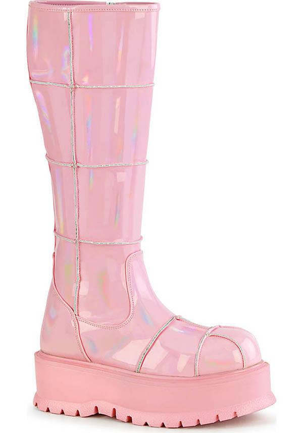 SLACKER-230 [Pink Holo] | BOOTS [PREORDER] - Beserk - all, baby pink, boot, boots, boots [preorder], clickfrenzy15-2023, colour:pink, demonia, demonia shoes, discountapp, fp, holo, hologram, holographic, kawaii, knee high boots, labelpreorder, labelvegan, pastel, pastel goth, pastel pink, pink, platform, platforms, platforms [preorder], pleaserimageupdated, ppo, preorder, pricematched, shiny, shoes, vegan