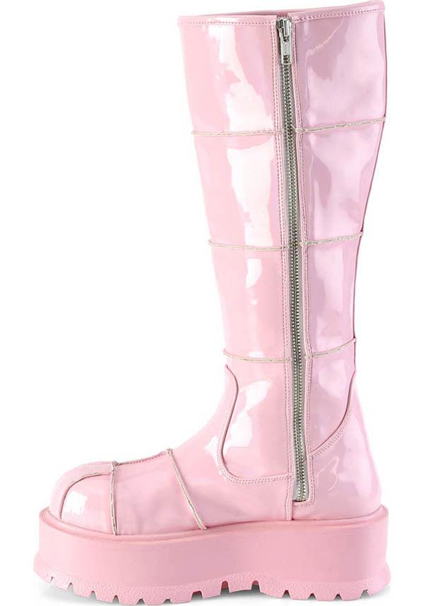 SLACKER-230 [Pink Holo] | BOOTS [PREORDER] - Beserk - all, baby pink, boot, boots, boots [preorder], clickfrenzy15-2023, colour:pink, demonia, demonia shoes, discountapp, fp, holo, hologram, holographic, kawaii, knee high boots, labelpreorder, labelvegan, pastel, pastel goth, pastel pink, pink, platform, platforms, platforms [preorder], pleaserimageupdated, ppo, preorder, pricematched, shiny, shoes, vegan