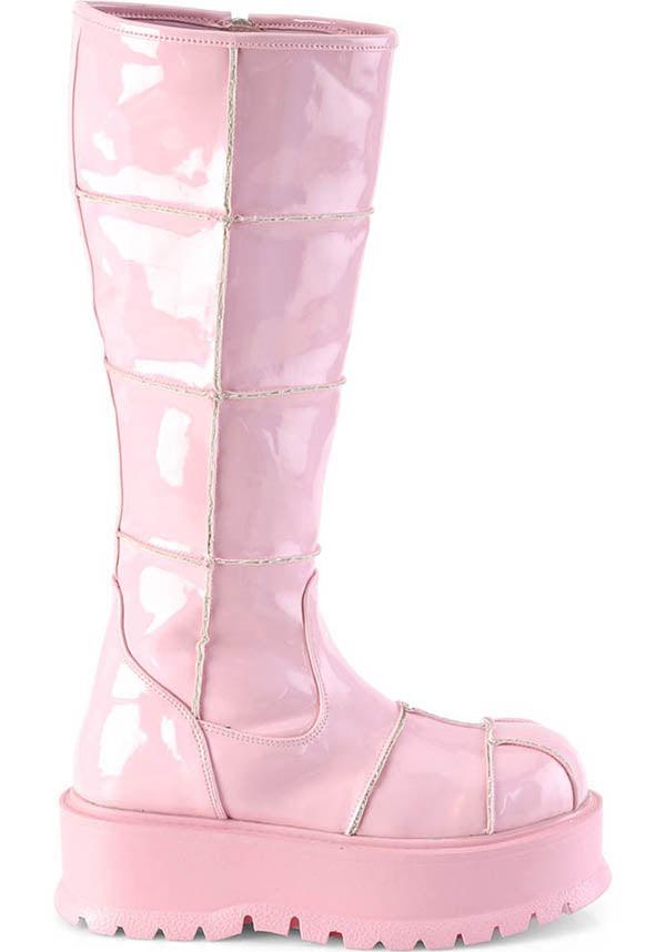SLACKER-230 [Pink Holo] | BOOTS [PREORDER] - Beserk - all, baby pink, boot, boots, boots [preorder], clickfrenzy15-2023, colour:pink, demonia, demonia shoes, discountapp, fp, holo, hologram, holographic, kawaii, knee high boots, labelpreorder, labelvegan, pastel, pastel goth, pastel pink, pink, platform, platforms, platforms [preorder], pleaserimageupdated, ppo, preorder, pricematched, shiny, shoes, vegan