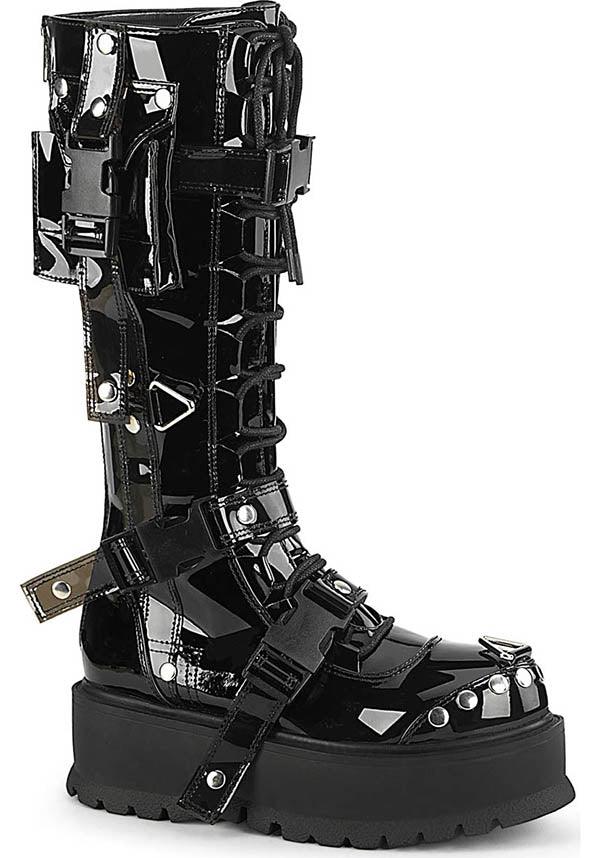 SLACKER-260 [Black Patent] | PLATFORM BOOTS [PREORDER] - Beserk - all, black, boot, boots, boots [preorder], clickfrenzy15-2023, cyber, demonia, demonia shoes, discountapp, fp, gloss, glossy, goth, gothic, halloween, knee high boots, labelpreorder, labelvegan, patent, platform, platforms, platforms [preorder], ppo, preorder, punk, shiny, shoes, techwear, vegan