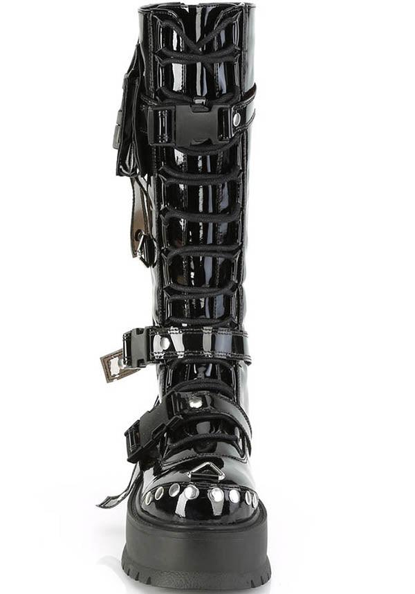SLACKER-260 [Black Patent] | PLATFORM BOOTS [PREORDER] - Beserk - all, black, boot, boots, boots [preorder], clickfrenzy15-2023, cyber, demonia, demonia shoes, discountapp, fp, gloss, glossy, goth, gothic, halloween, knee high boots, labelpreorder, labelvegan, patent, platform, platforms, platforms [preorder], ppo, preorder, punk, shiny, shoes, techwear, vegan