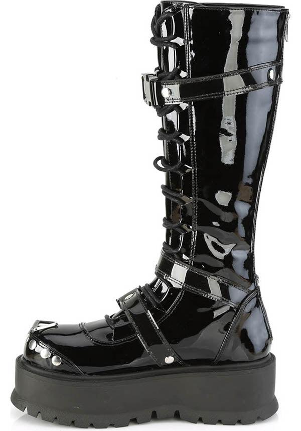 SLACKER-260 [Black Patent] | PLATFORM BOOTS [PREORDER] - Beserk - all, black, boot, boots, boots [preorder], clickfrenzy15-2023, cyber, demonia, demonia shoes, discountapp, fp, gloss, glossy, goth, gothic, halloween, knee high boots, labelpreorder, labelvegan, patent, platform, platforms, platforms [preorder], ppo, preorder, punk, shiny, shoes, techwear, vegan