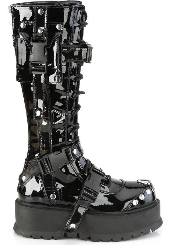 SLACKER-260 [Black Patent] | PLATFORM BOOTS [PREORDER] - Beserk - all, black, boot, boots, boots [preorder], clickfrenzy15-2023, cyber, demonia, demonia shoes, discountapp, fp, gloss, glossy, goth, gothic, halloween, knee high boots, labelpreorder, labelvegan, patent, platform, platforms, platforms [preorder], ppo, preorder, punk, shiny, shoes, techwear, vegan