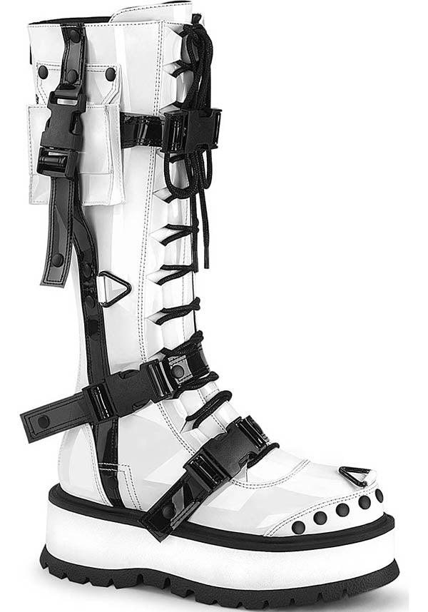 SLACKER-260 [White Patent] | PLATFORM BOOTS [PREORDER] - Beserk - all, boots, boots [preorder], clickfrenzy15-2023, demonia, demonia shoes, discountapp, fp, goth, gothic, knee high boots, labelpreorder, labelvegan, long boots, pastel goth, patent, platform boots, platforms, platforms [preorder], ppo, preorder, shiny, shoes, vegan, white