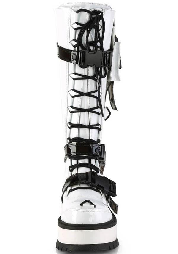 SLACKER-260 [White Patent] | PLATFORM BOOTS [PREORDER] - Beserk - all, boots, boots [preorder], clickfrenzy15-2023, demonia, demonia shoes, discountapp, fp, goth, gothic, knee high boots, labelpreorder, labelvegan, long boots, pastel goth, patent, platform boots, platforms, platforms [preorder], ppo, preorder, shiny, shoes, vegan, white