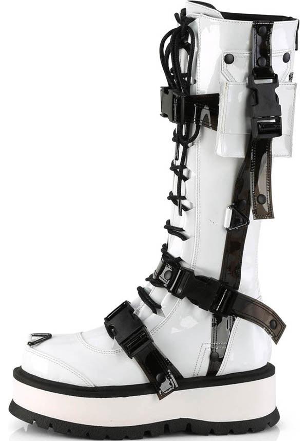 SLACKER-260 [White Patent] | PLATFORM BOOTS [PREORDER] - Beserk - all, boots, boots [preorder], clickfrenzy15-2023, demonia, demonia shoes, discountapp, fp, goth, gothic, knee high boots, labelpreorder, labelvegan, long boots, pastel goth, patent, platform boots, platforms, platforms [preorder], ppo, preorder, shiny, shoes, vegan, white