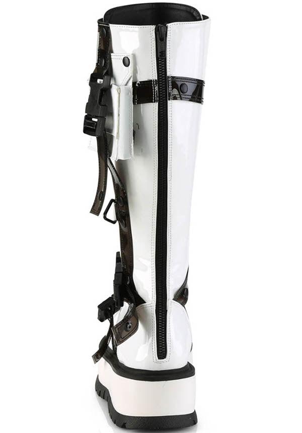 SLACKER-260 [White Patent] | PLATFORM BOOTS [PREORDER] - Beserk - all, boots, boots [preorder], clickfrenzy15-2023, demonia, demonia shoes, discountapp, fp, goth, gothic, knee high boots, labelpreorder, labelvegan, long boots, pastel goth, patent, platform boots, platforms, platforms [preorder], ppo, preorder, shiny, shoes, vegan, white