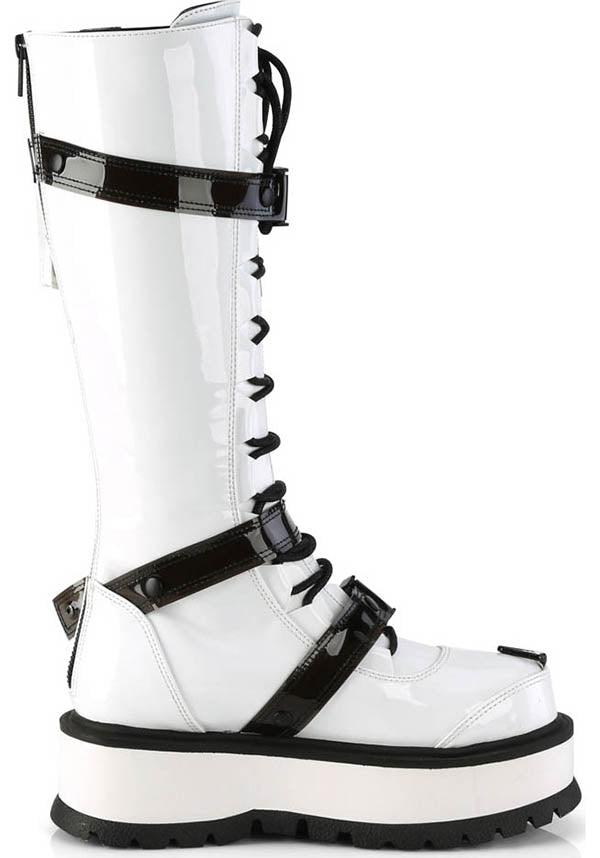 SLACKER-260 [White Patent] | PLATFORM BOOTS [PREORDER] - Beserk - all, boots, boots [preorder], clickfrenzy15-2023, demonia, demonia shoes, discountapp, fp, goth, gothic, knee high boots, labelpreorder, labelvegan, long boots, pastel goth, patent, platform boots, platforms, platforms [preorder], ppo, preorder, shiny, shoes, vegan, white