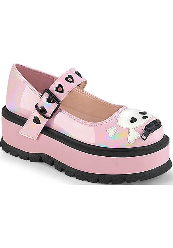 SLACKER-27 [Baby Pink] | FLATS [PREORDER] - Beserk - all, all ladies, clickfrenzy15-2023, demonia, demonia shoes, discountapp, fp, holo, holographic, labelpreorder, labelvegan, ladies, pastel goth, pink, platforms, platforms [preorder], ppo, preorder, shoes, skull, skull and bones, vegan