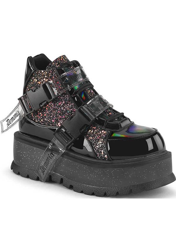 SLACKER-50 [Black Patent] | PLATFORM BOOTS [PREORDER] - Beserk - all, ankle boots, black, boots, boots [preorder], clickfrenzy15-2023, demonia, demonia shoes, discountapp, fp, glitter, labelpreorder, labelvegan, platform boots, platforms, platforms [preorder], ppo, preorder, shoes, vegan